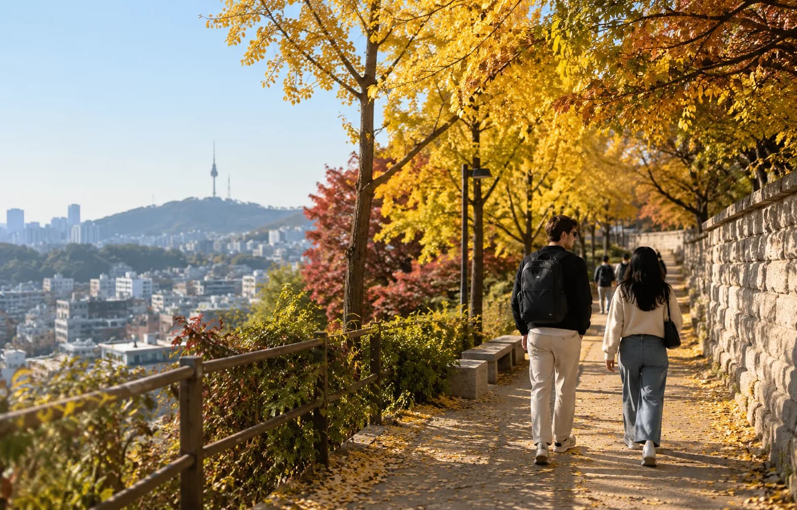 Two people walking the Seoul City Wall path under yellow ginkgo trees in autumn, with N Seoul Tower in the distance