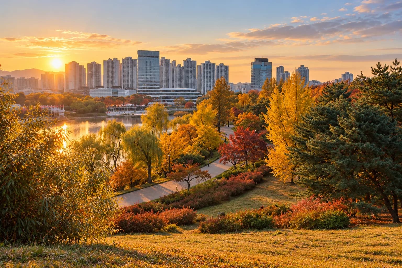 Olympic Park in Seoul at sunrise in autumn, with the lake and the Jamsil skyline behind the colored trees