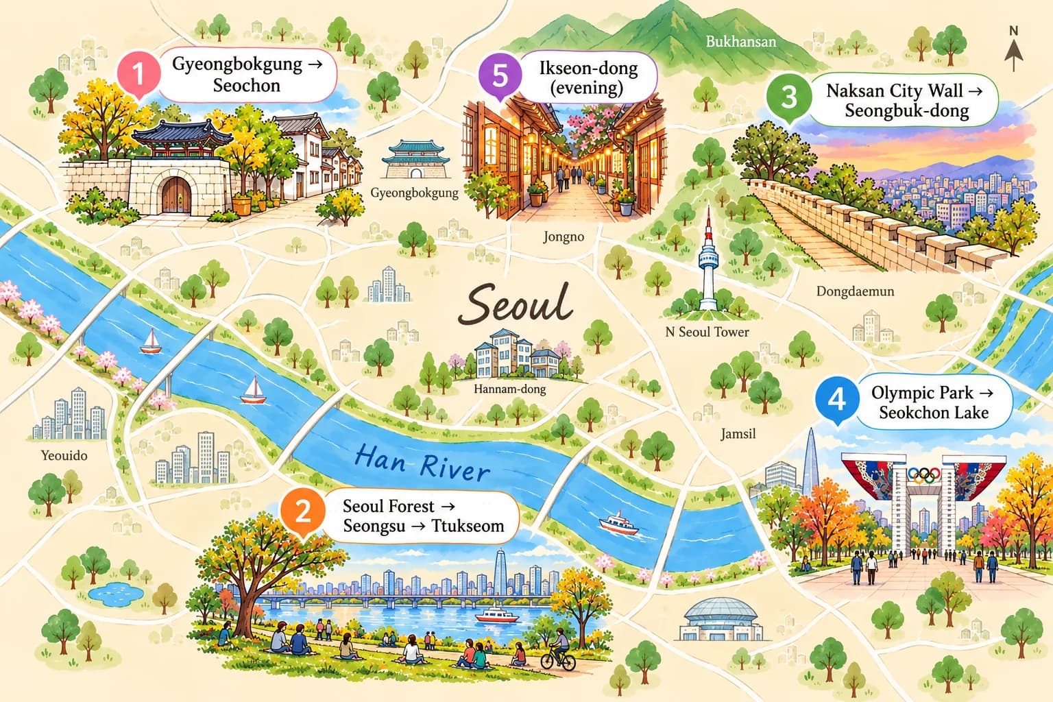Illustrated map of Seoul showing the five autumn walk routes: Gyeongbokgung to Seochon, Seoul Forest to Seongsu to Ttukseom, Naksan City Wall to Seongbuk-dong, Olympic Park to Seokchon Lake, and Ikseon-dong in the evening